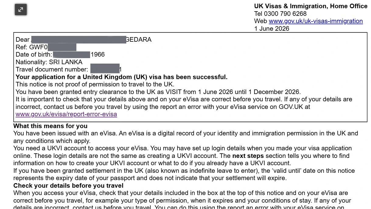 Approved visitor visitor visa clearance proof 15